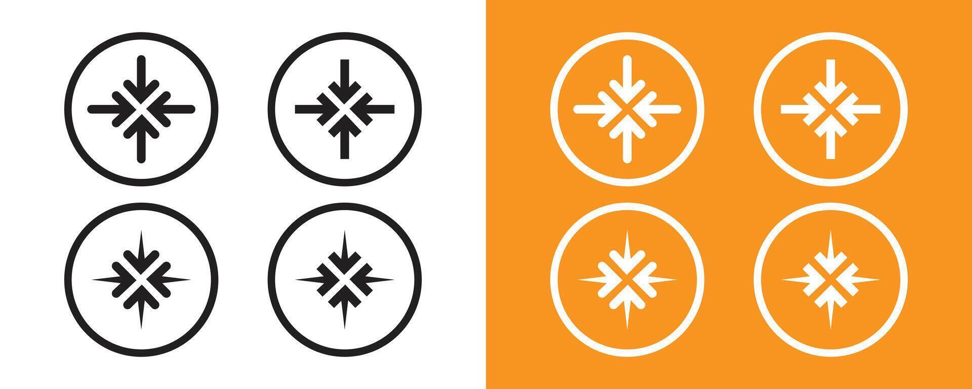 Quadro collide arrows icon. Four circular icons with centered directional symbols. vector