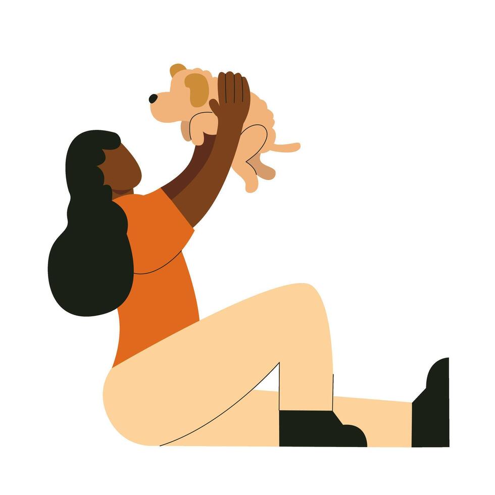 illustration of a woman sitting playing with a dog vector