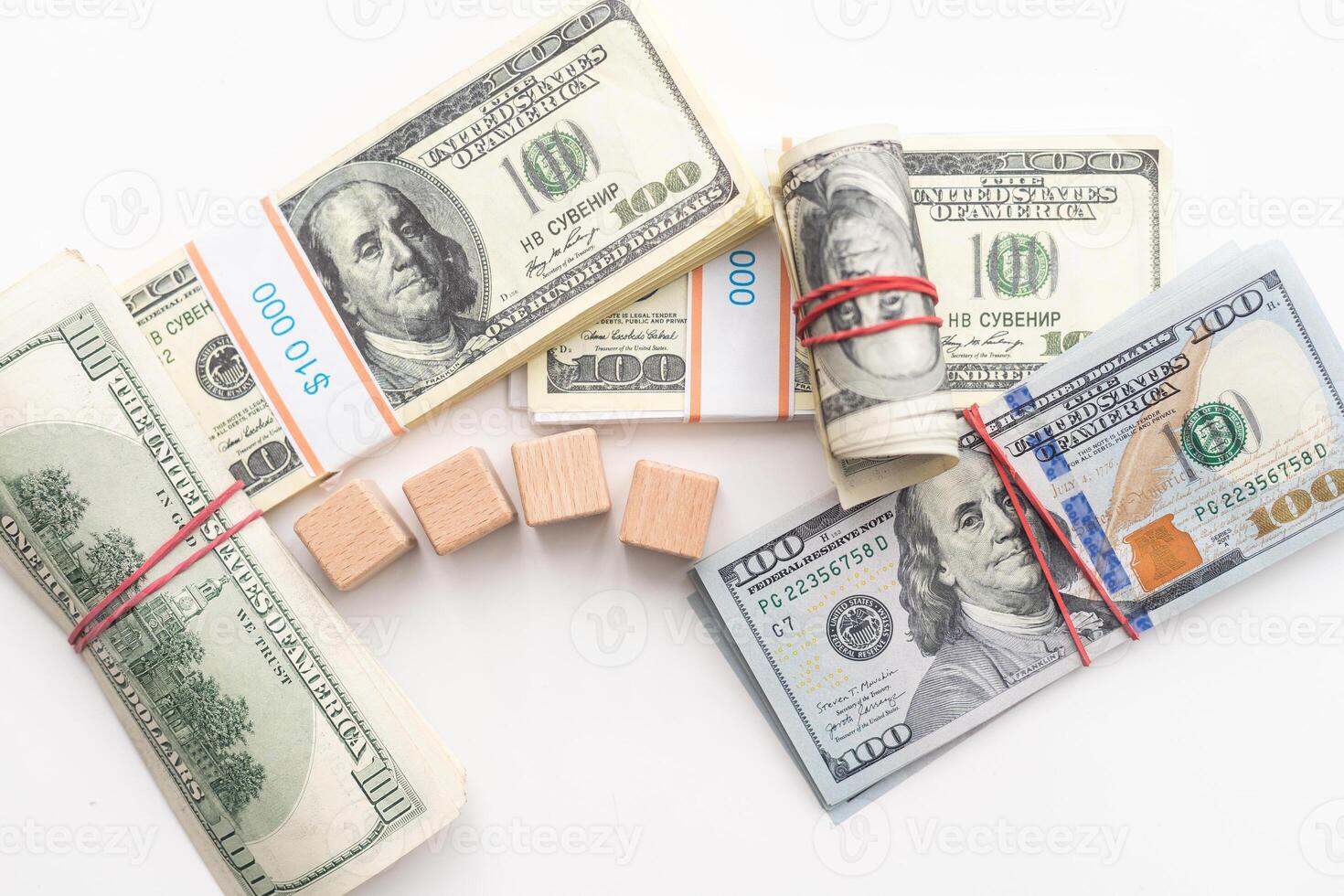 dollar bills of different amounts. Image of the dollar bills in vertical on white background photo