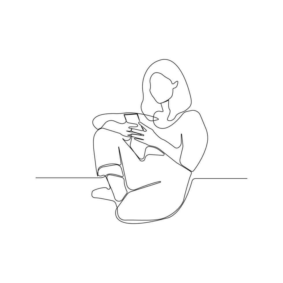 Young woman sitting on floor and using phone one line art drawing. vector
