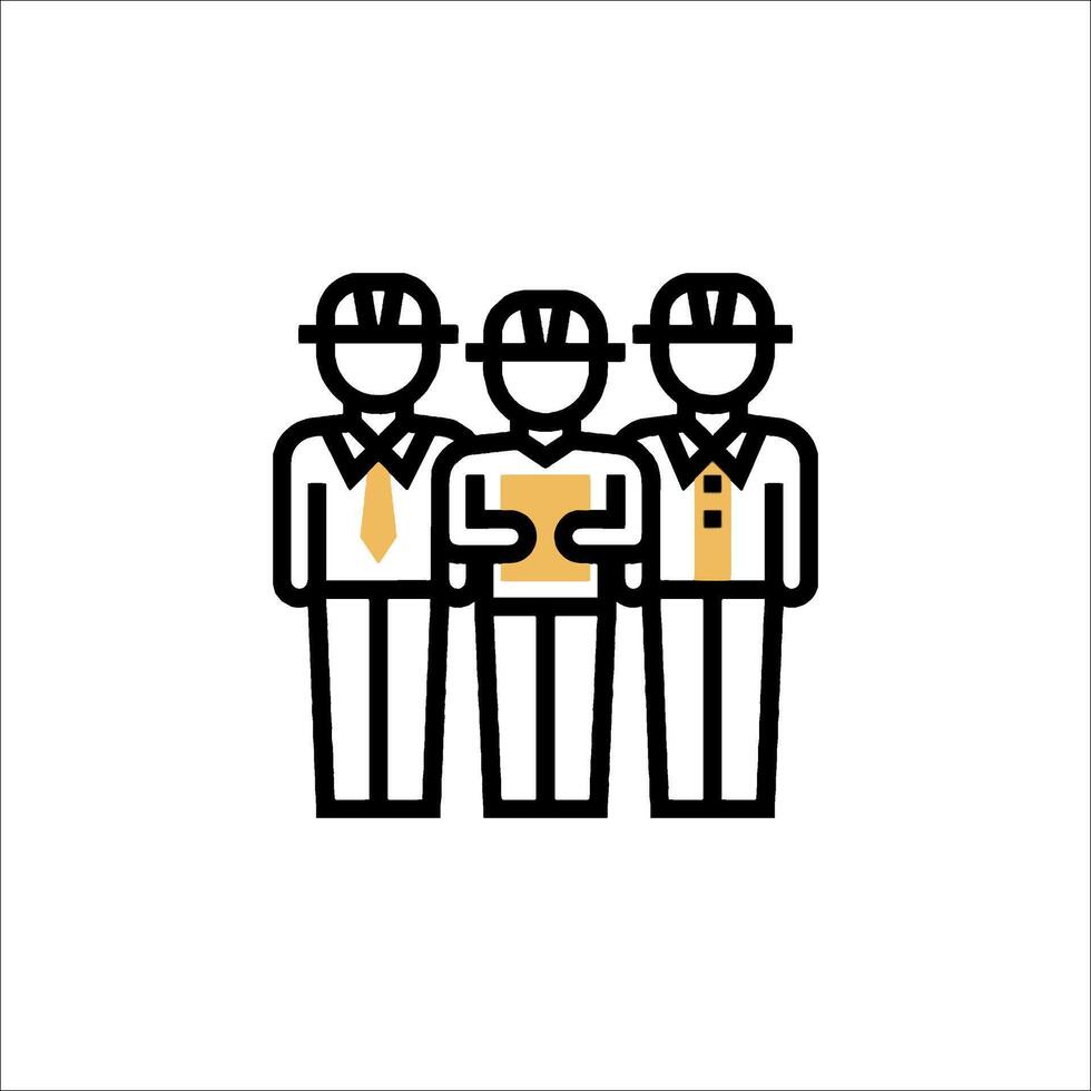 Three men in hard hats standing together with a book vector