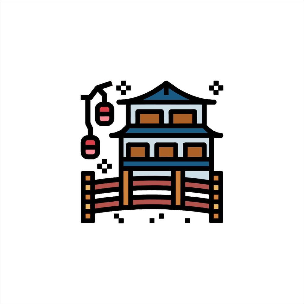 A japanese house with a fence and lanterns vector