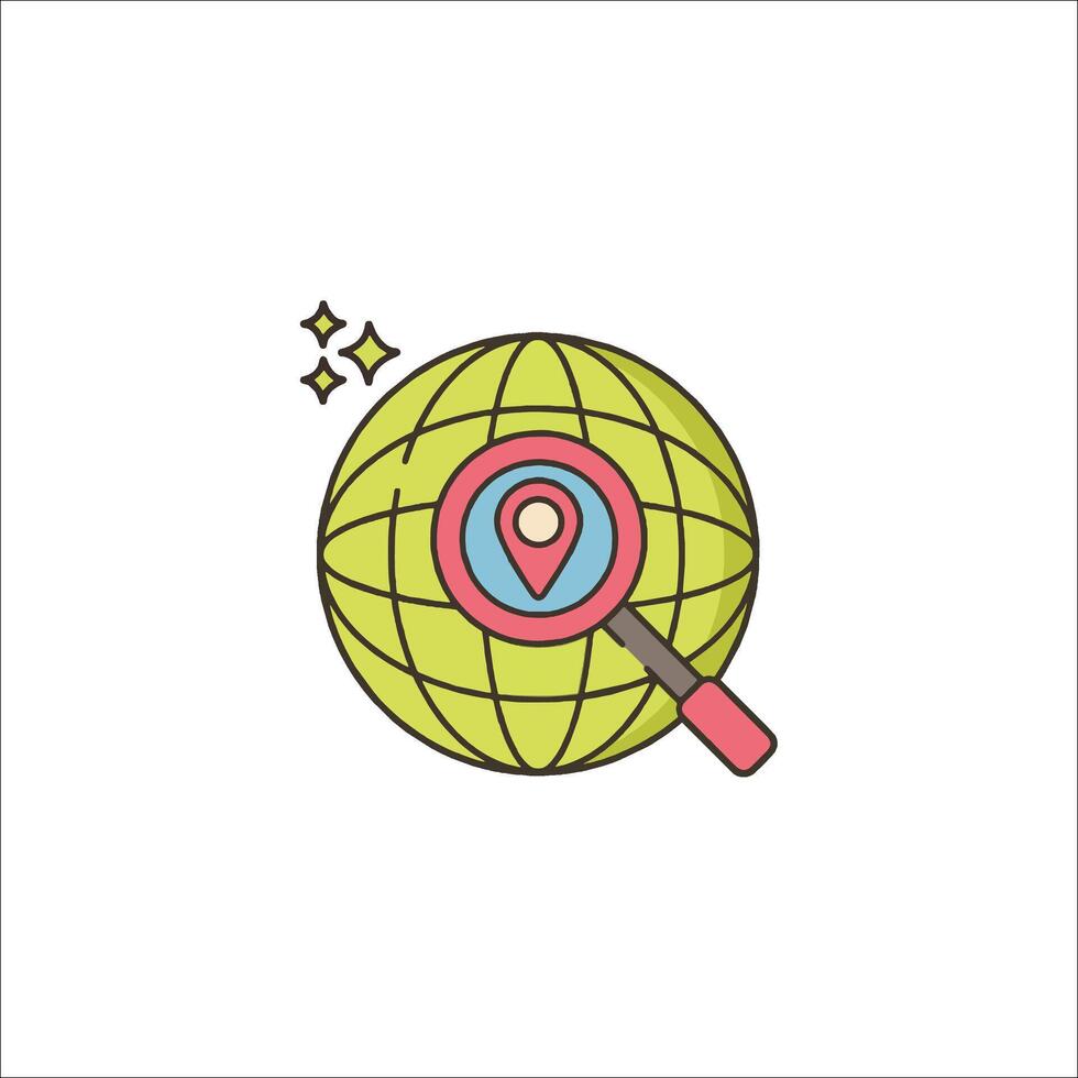 A globe with a magnifying glass and a map icon vector