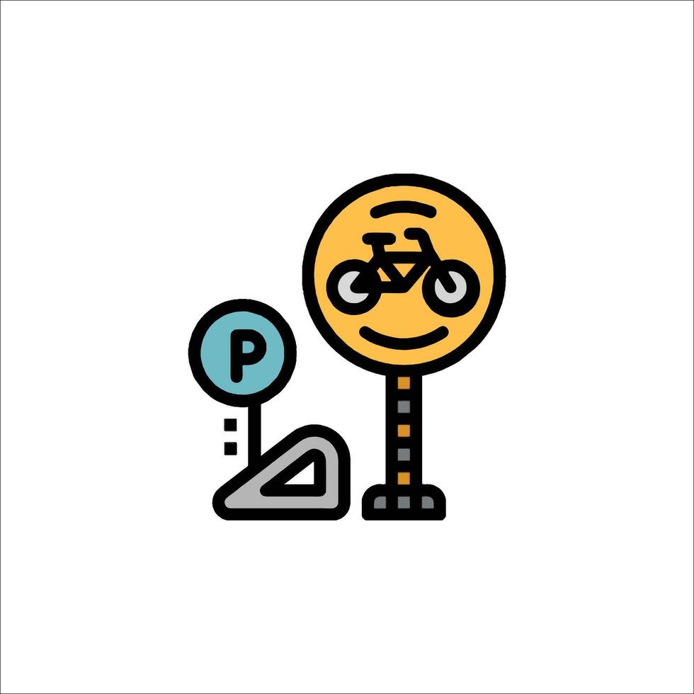 A bicycle is parked next to a parking sign vector