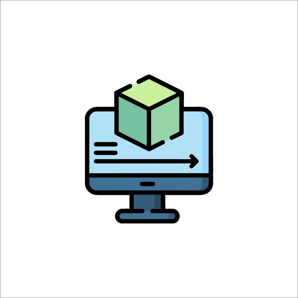 A computer monitor with a green cube on it vector