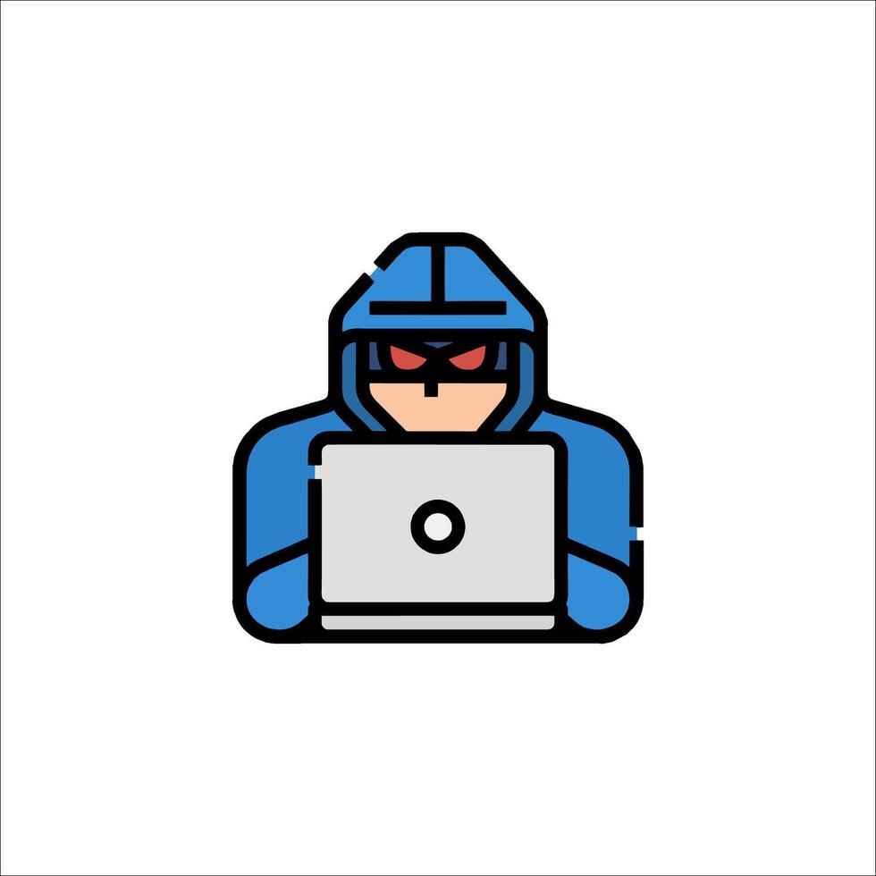 A man in a hoodie and mask is using a laptop vector