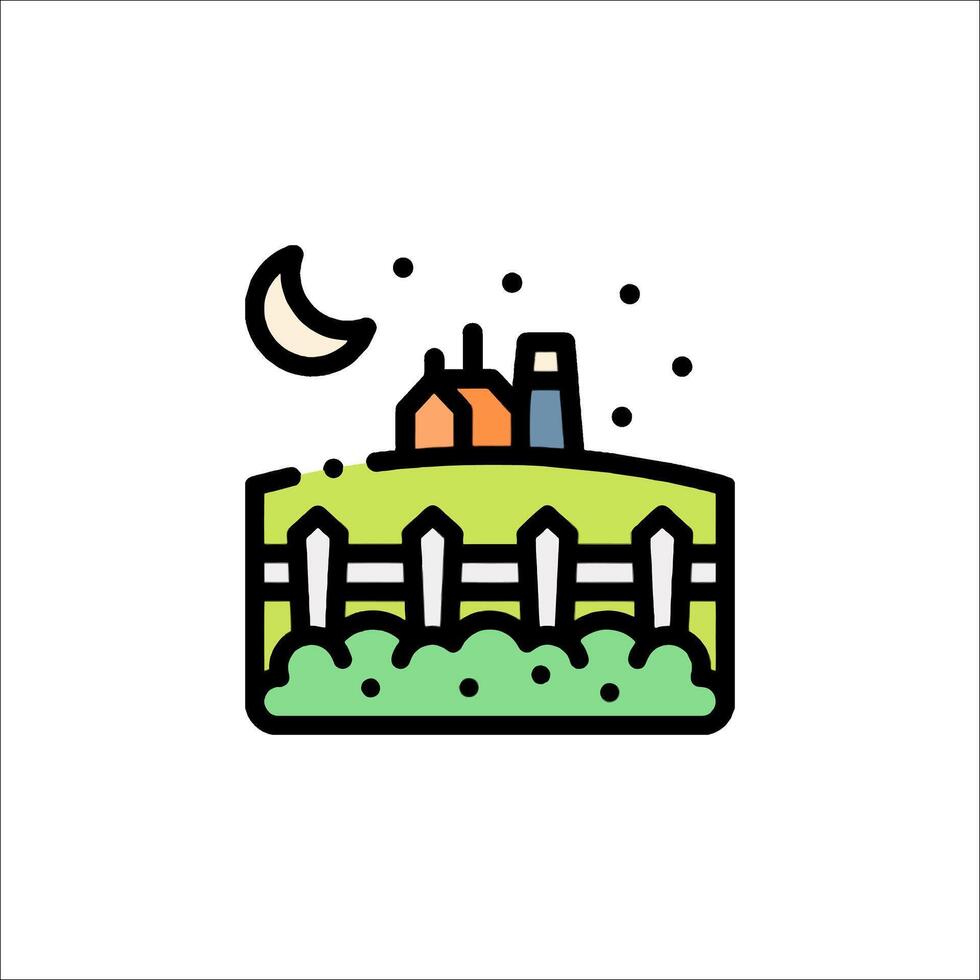 A farm with a fence and a moon in the sky vector
