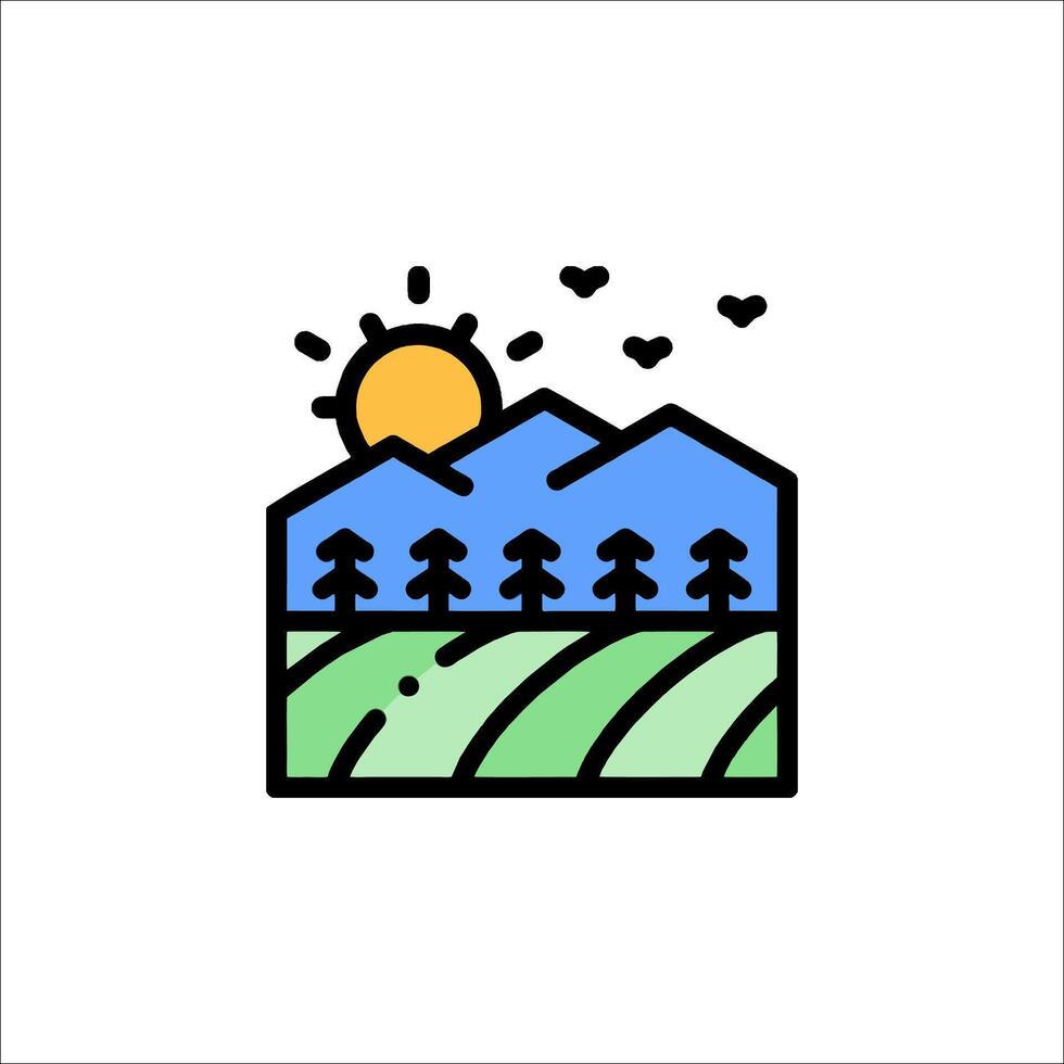 A mountain landscape with trees and sun vector
