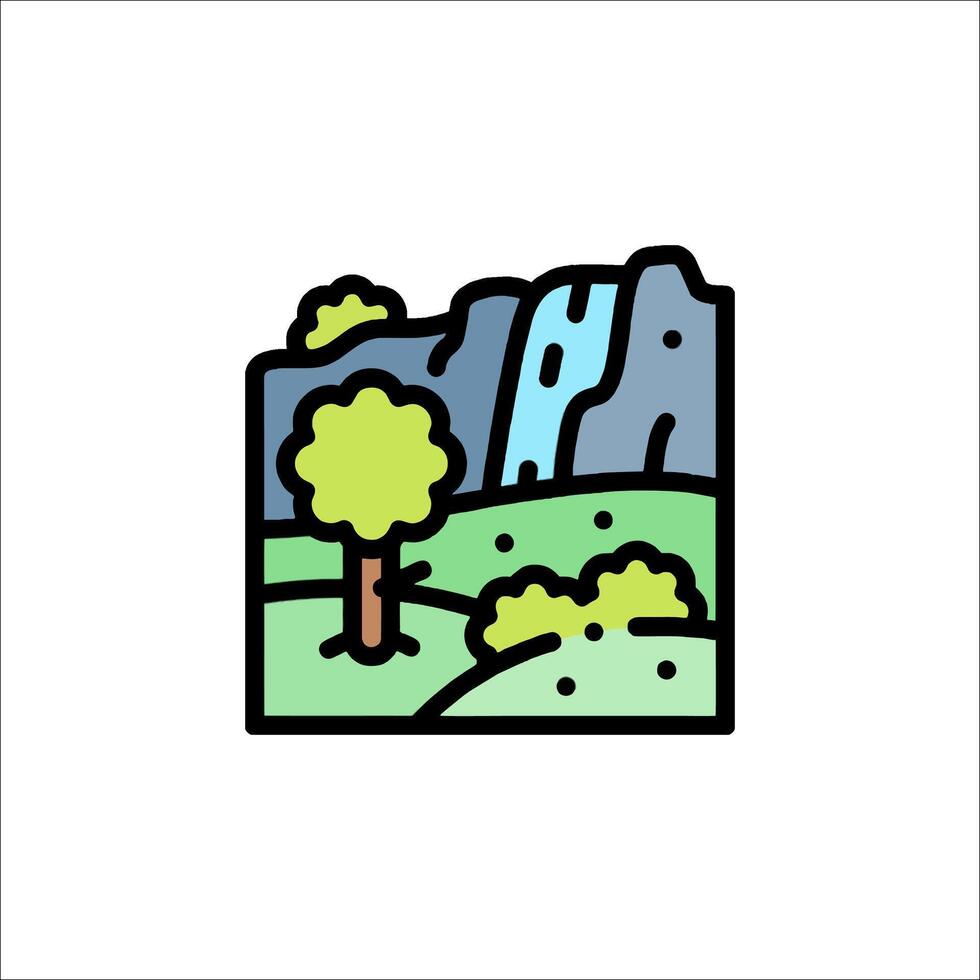 A mountain landscape with a waterfall and trees vector