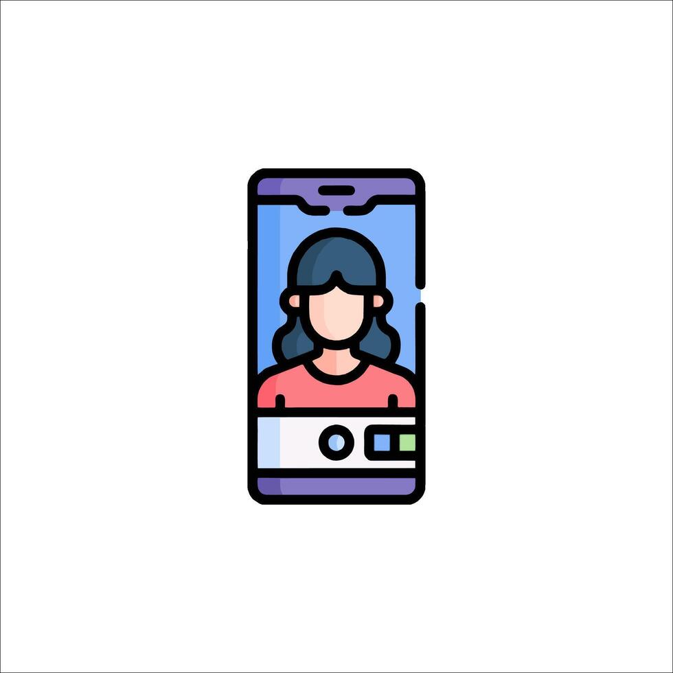 A woman is on a phone screen with a camera icon vector