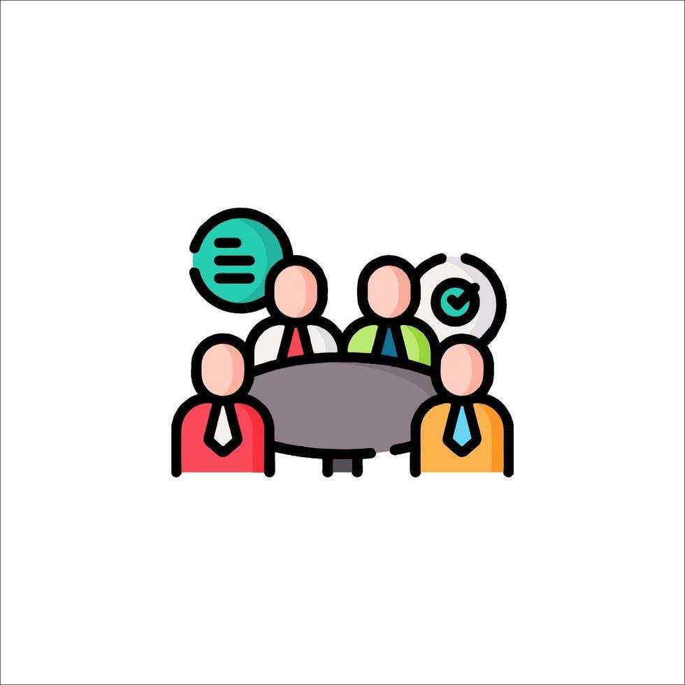 A group of people sitting around a table with a speech bubble vector
