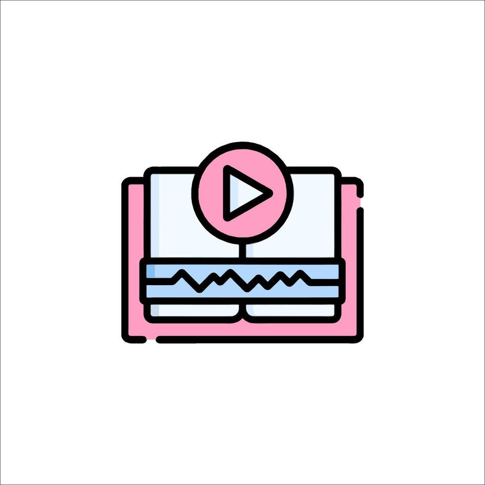 A pink and white icon of a book with a play button vector