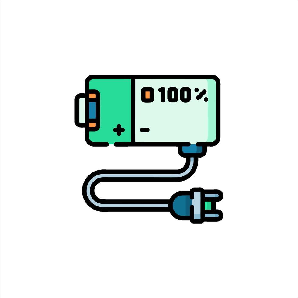 A battery charger with a green cord and a green light vector