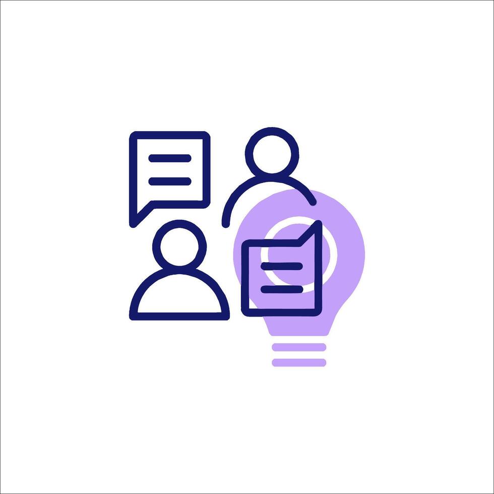 A purple icon with a light bulb and two people vector