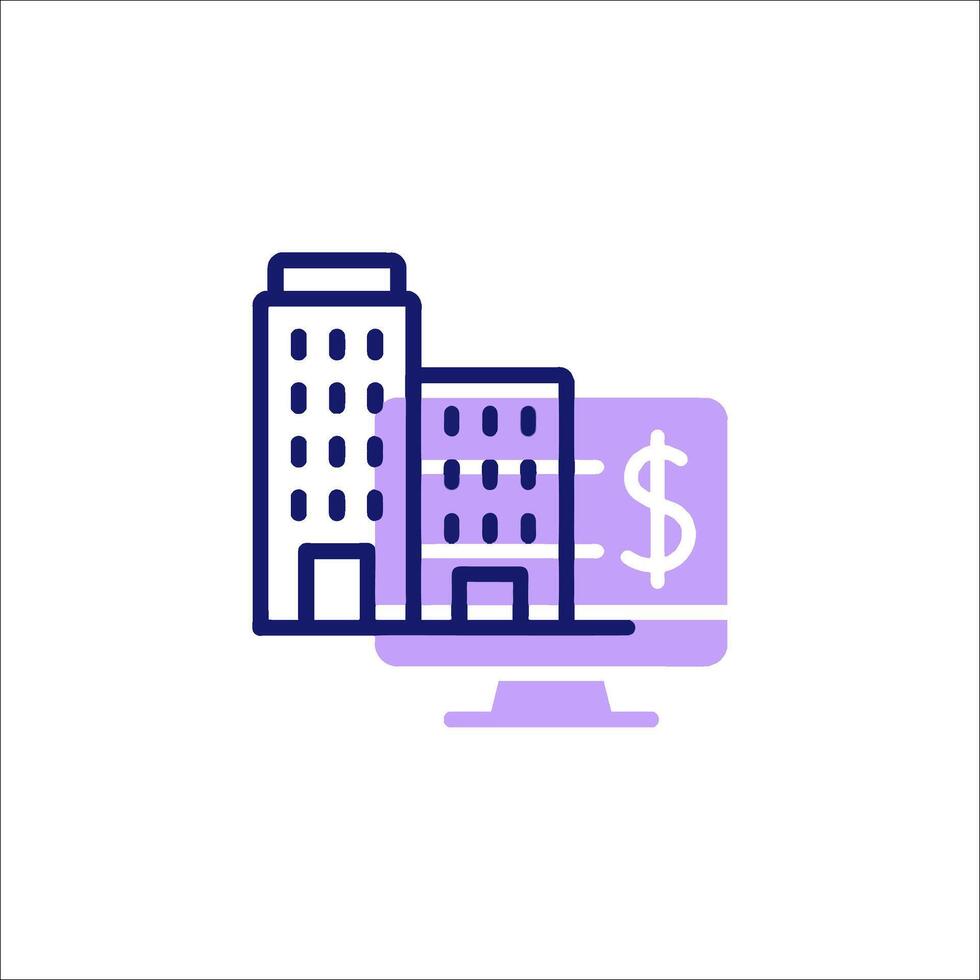 A purple icon of a building and a dollar sign vector