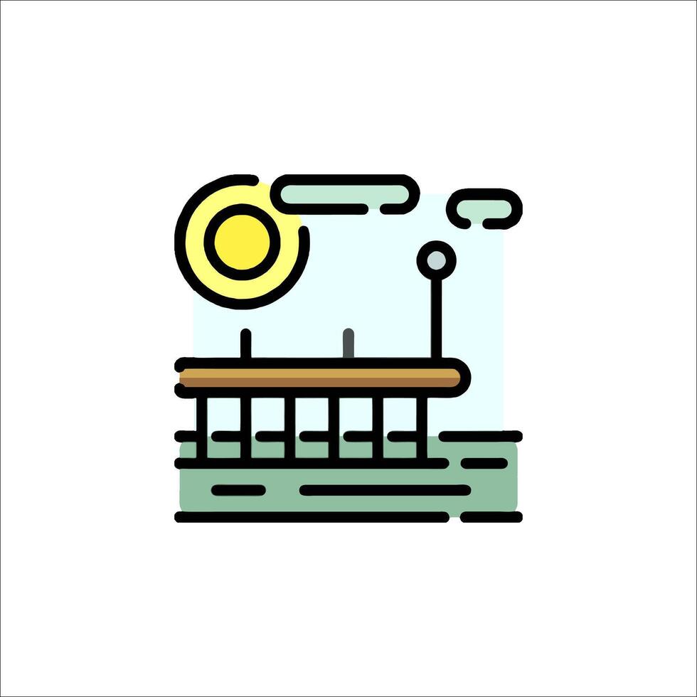 A line drawing of a pier with a sun and clouds vector