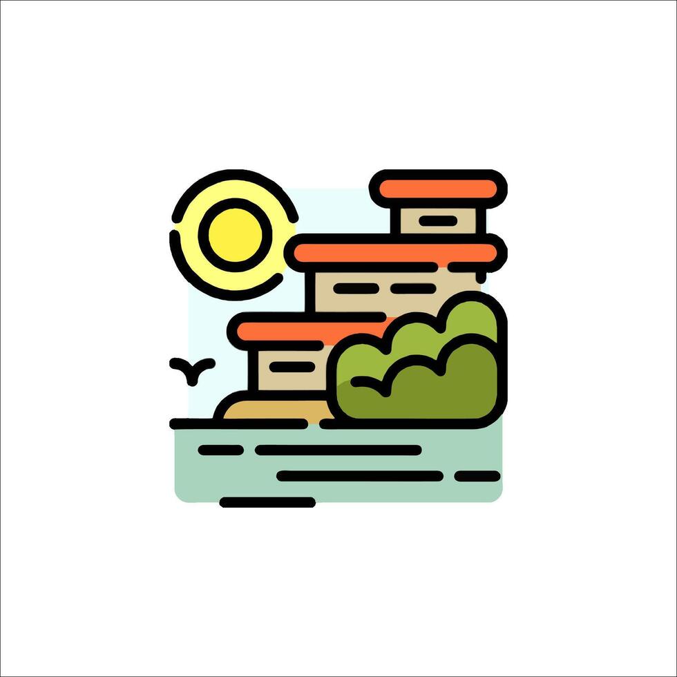 A house on the beach with a sun in the background vector