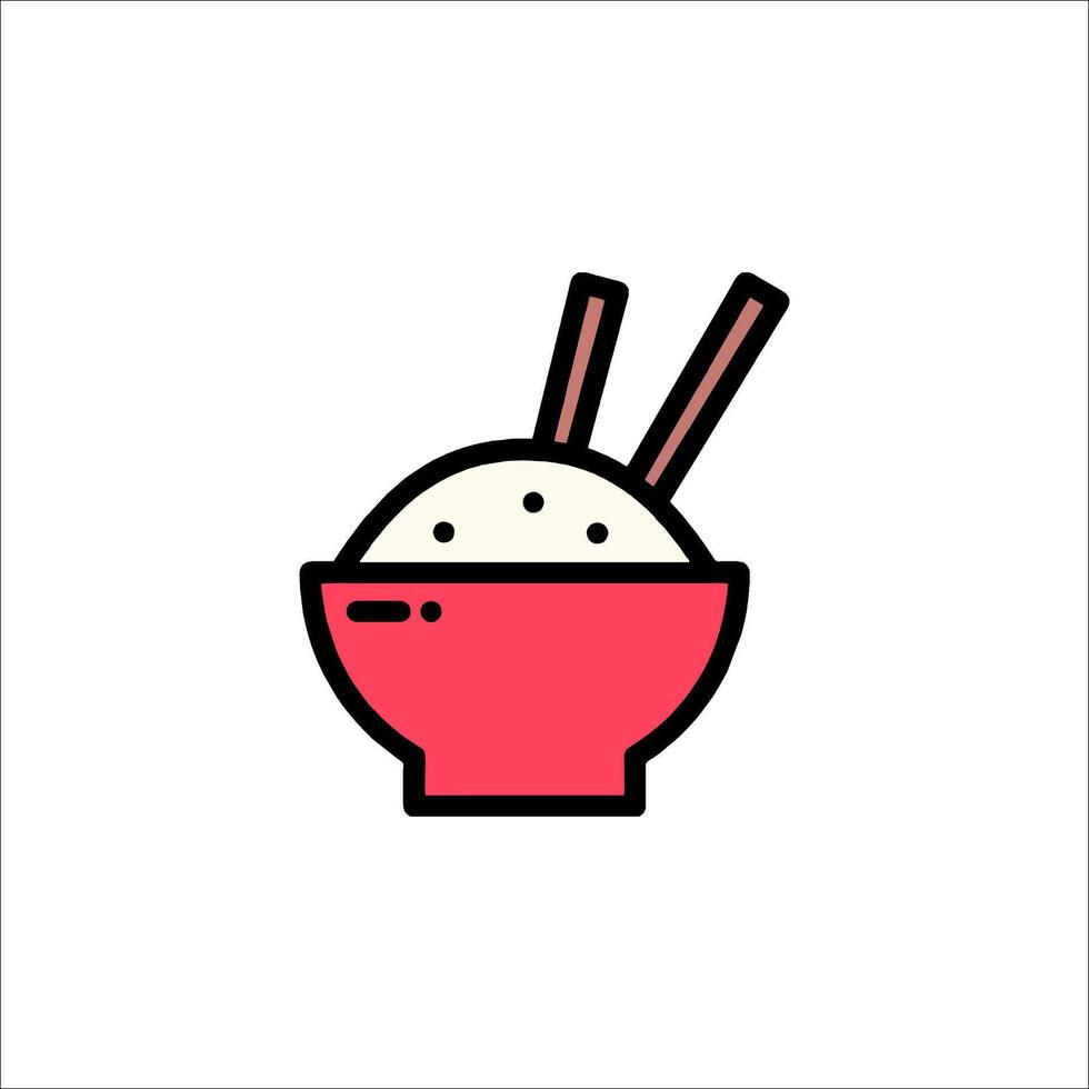 A red bowl with chopsticks and rice in it vector