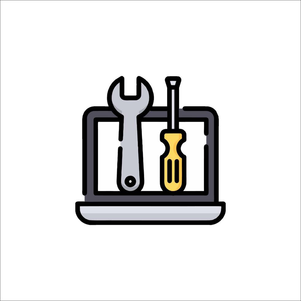 A laptop with tools on it, and a wrench vector