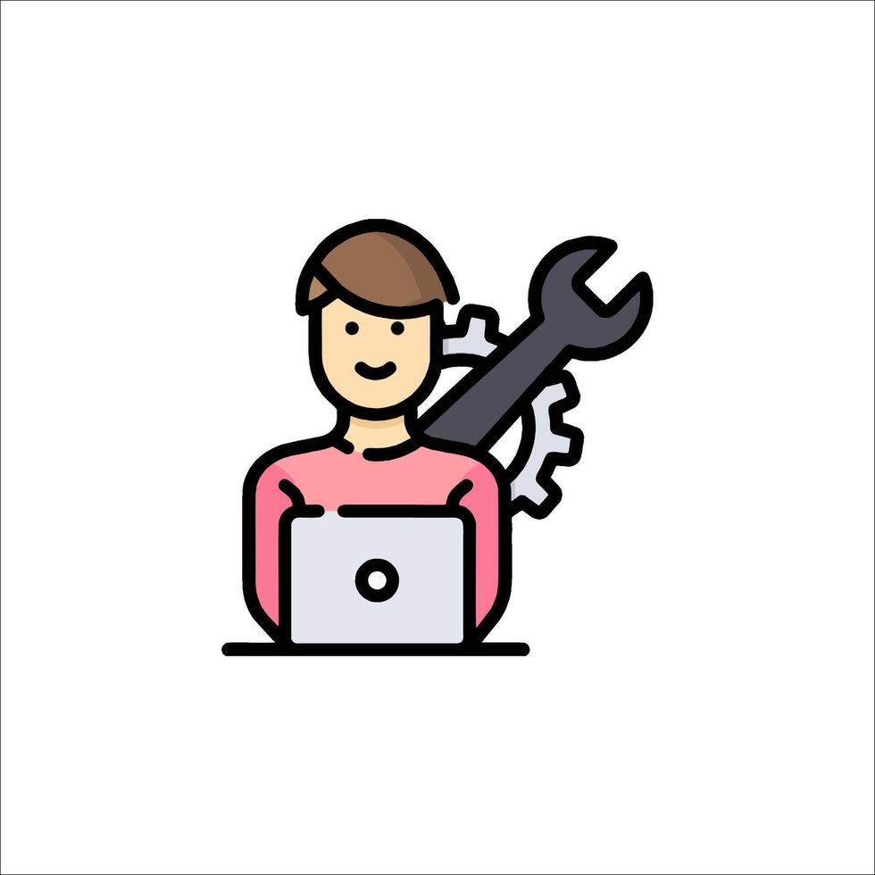 A man with a wrench on his laptop icon vector