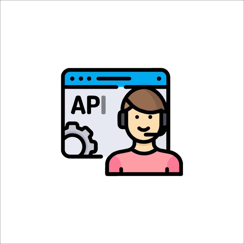 A man with headphones on is standing in front of an api icon vector