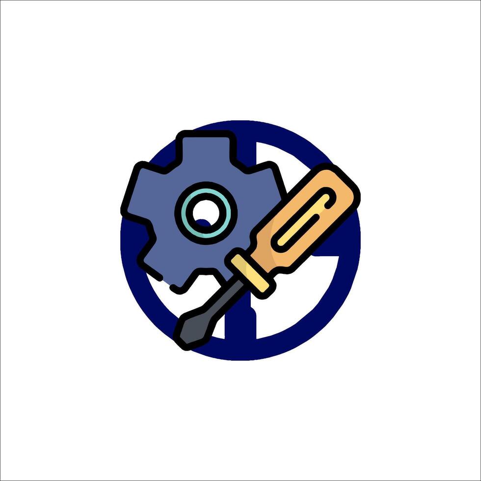 A blue and white logo with a wrench and gear vector