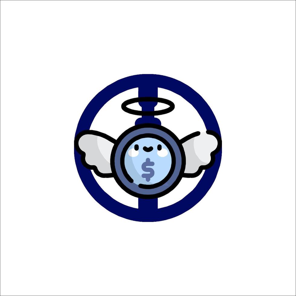 A blue and white logo with a clock and angel vector