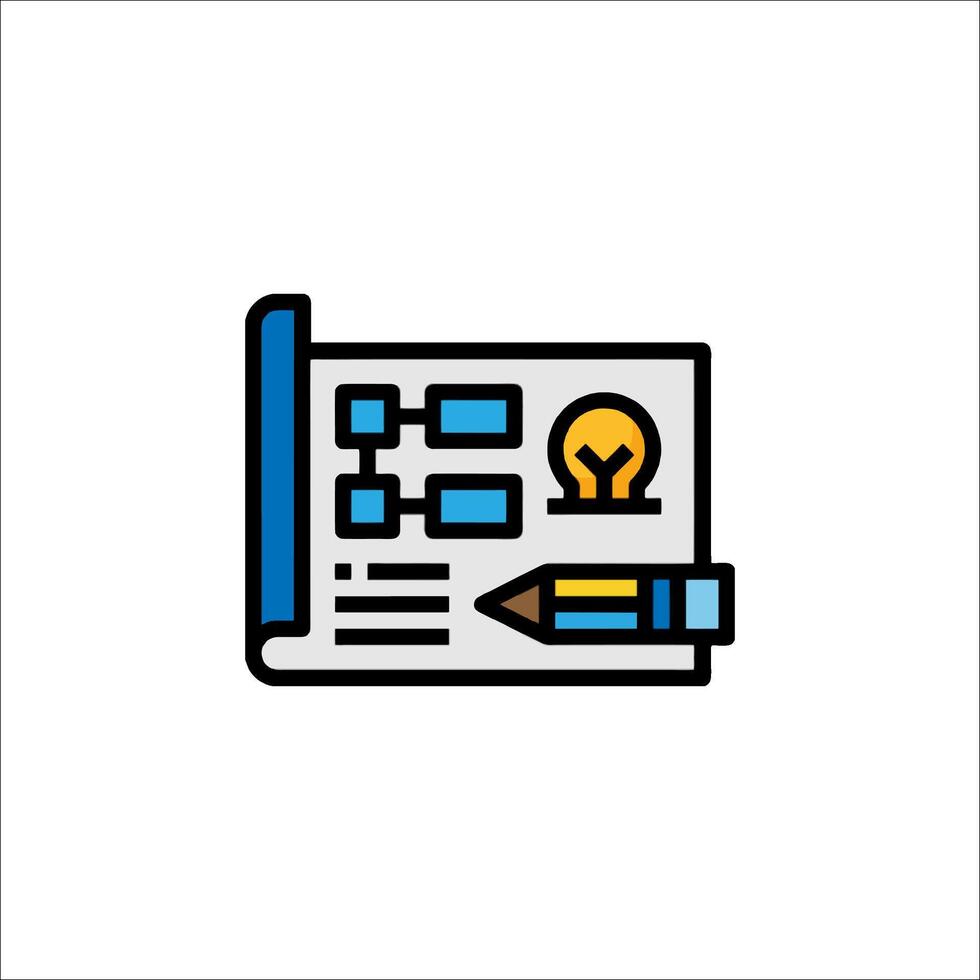 A blue and yellow icon of a pencil and paper vector