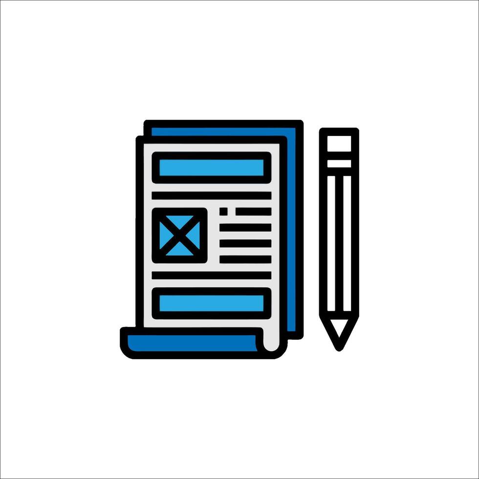 A blue and white line icon of a pen and paper vector