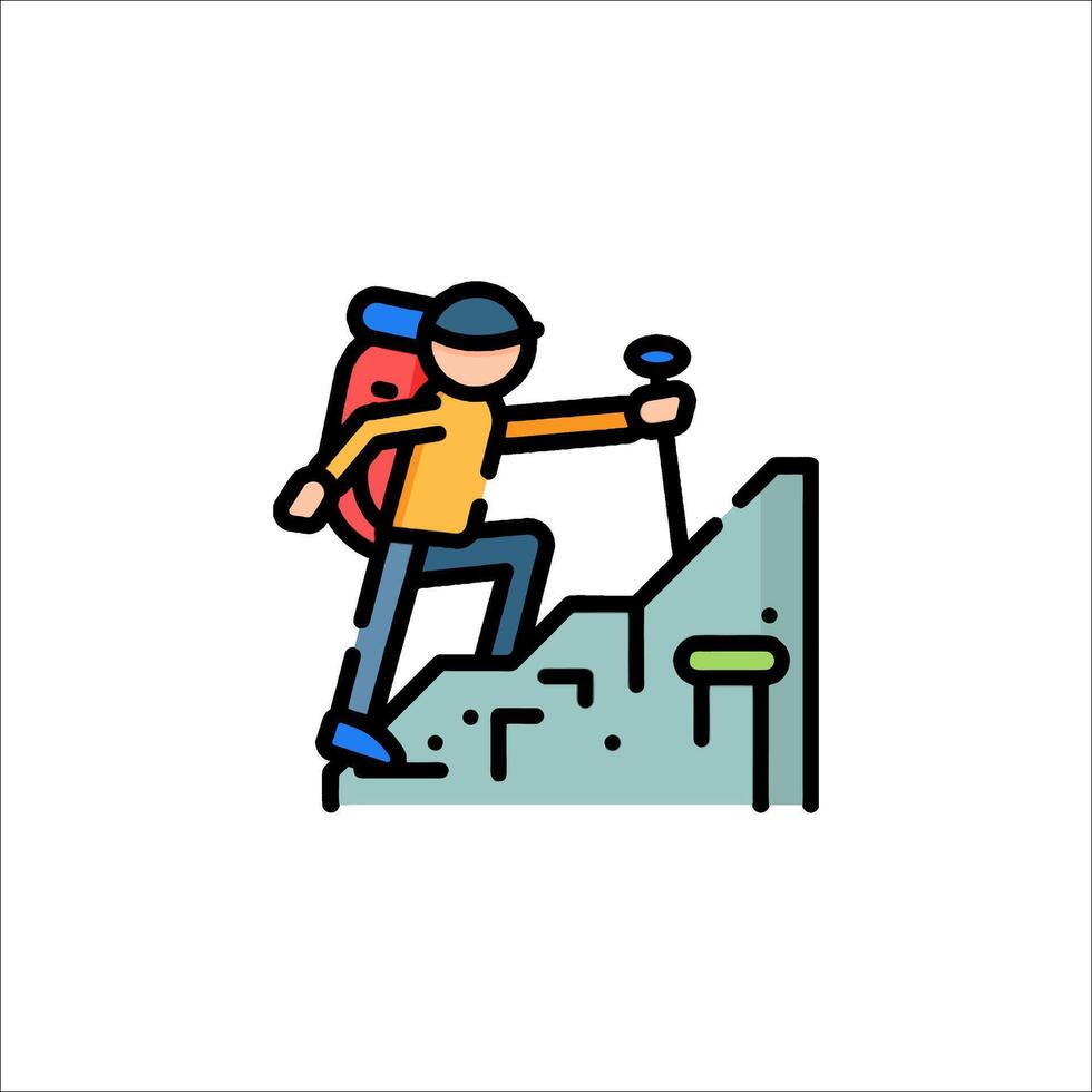A man is climbing up a mountain line icon vector