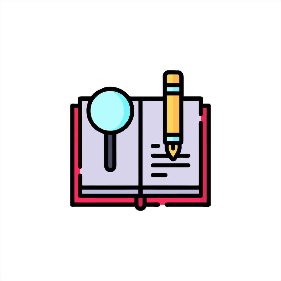 An open book with a pen and magnifying glass vector