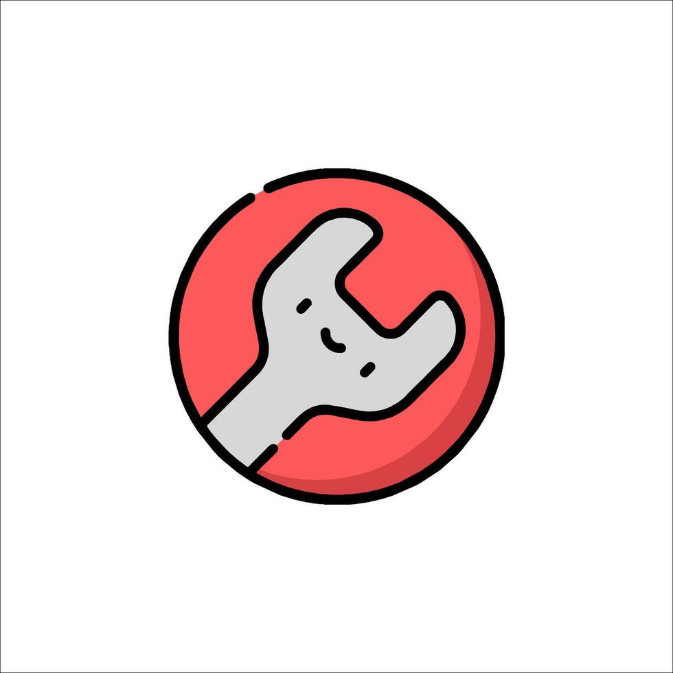 A red and white icon of a wrench with a smiley face vector