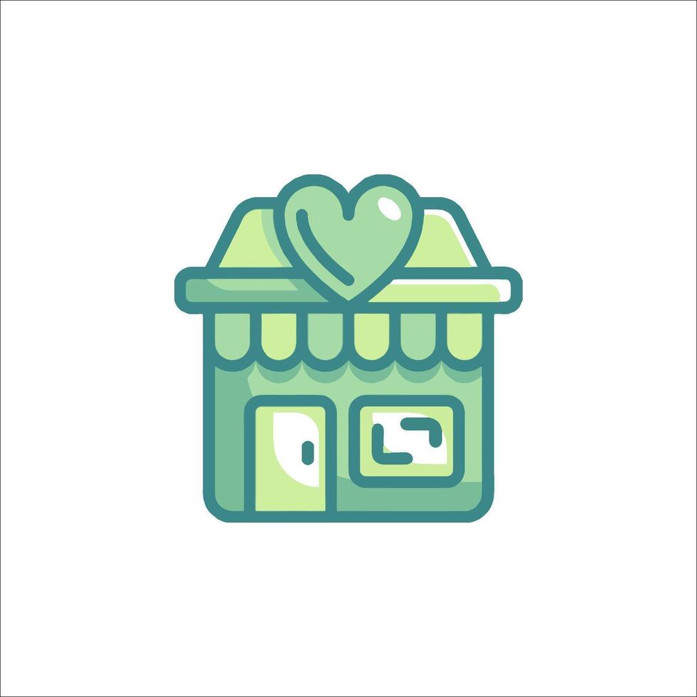 A green and white icon of a store with a heart vector