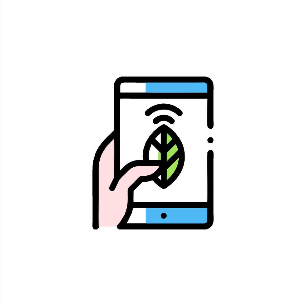 A hand holding a smartphone with a leaf on it vector