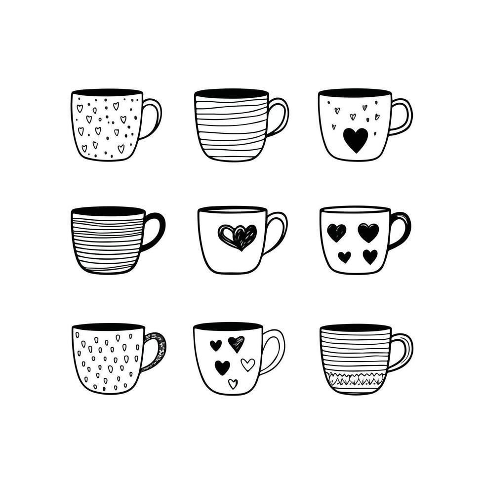 Set of children drawing a cups. The template for the painting. Hand drawn dishes in a funny kids style vector
