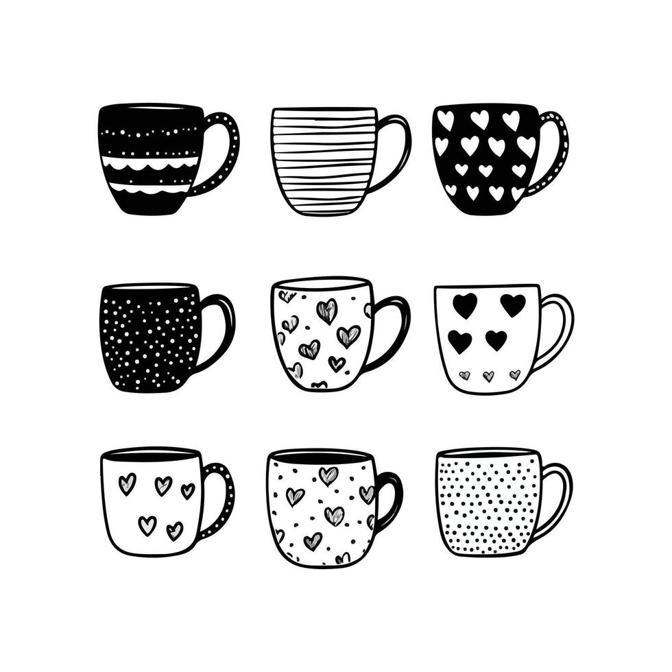 Set of children drawing a cups. The template for the painting. Hand drawn dishes in a funny kids style vector