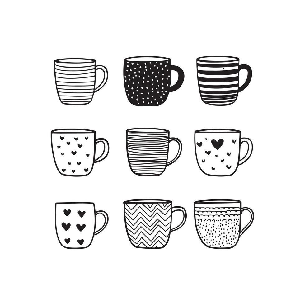Set of children drawing a cups. The template for the painting. Hand drawn dishes in a funny kids style vector
