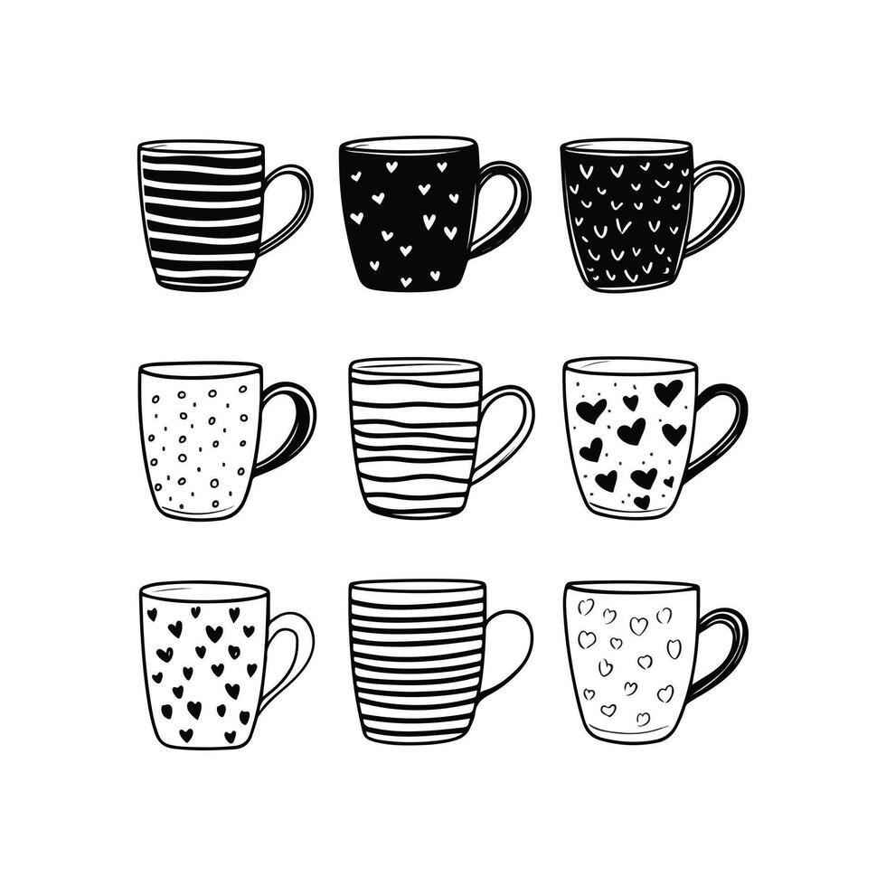 Set of children drawing a cups. The template for the painting. Hand drawn dishes in a funny kids style vector