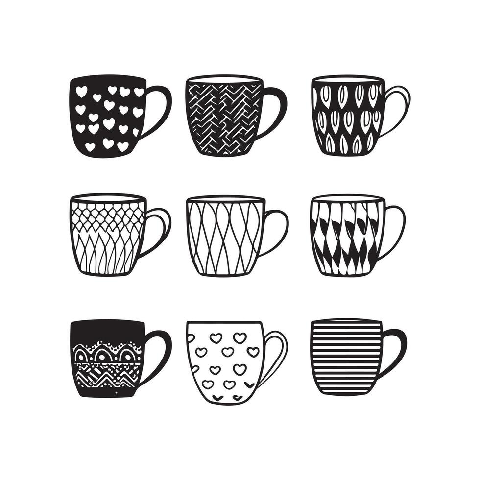 Set of children drawing a cups. The template for the painting. Hand drawn dishes in a funny kids style vector