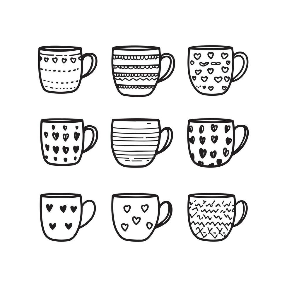 Set of children drawing a cups. The template for the painting. Hand drawn dishes in a funny kids style vector