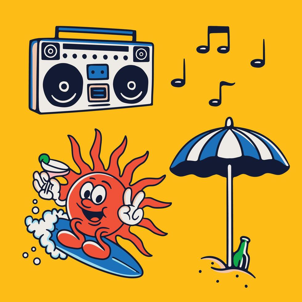 A cartoon sun, beach umbrella, music notes and a boombox vector