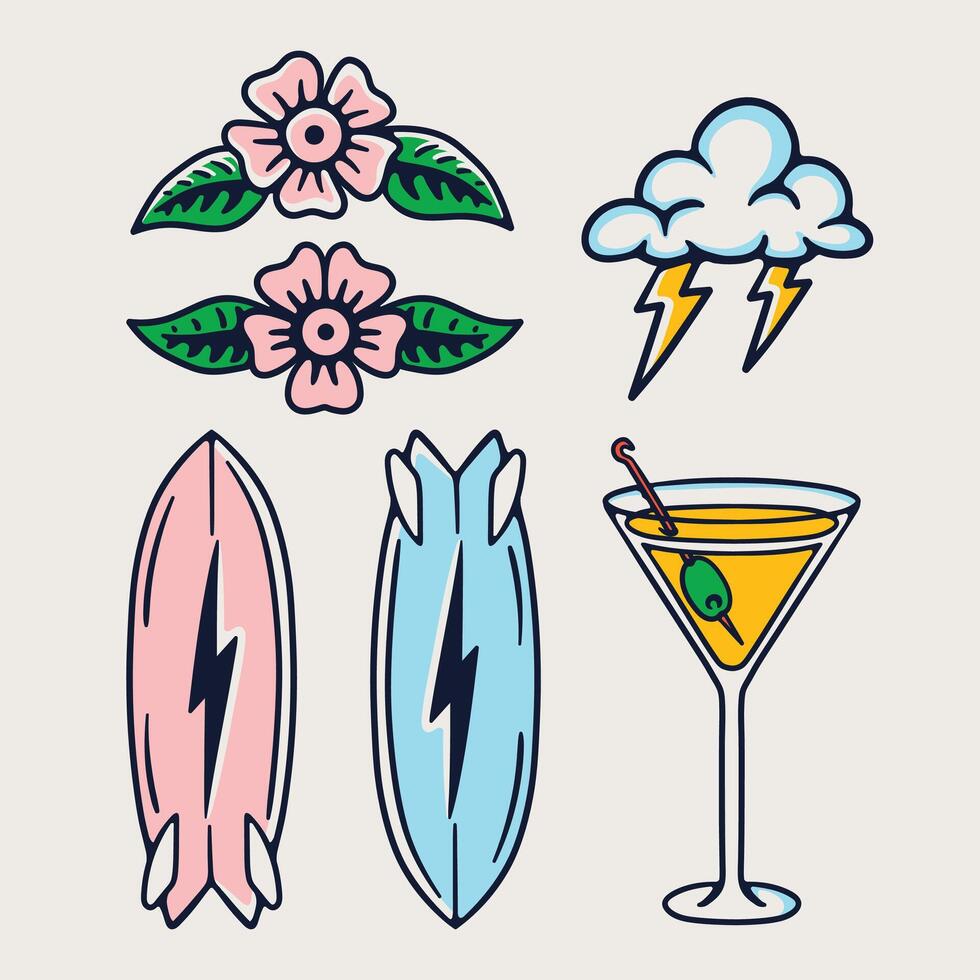 A set of surfboard stickers with flowers and a cocktail vector