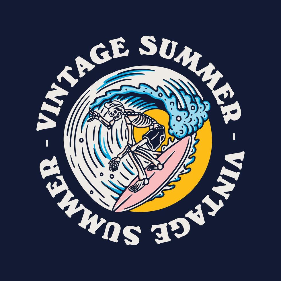 Vintage summer logo with a skeleton surfing on a wave vector