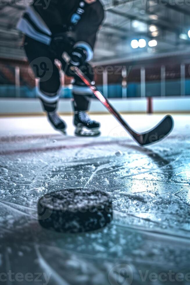 Close-up of a Hockey Puck on Ice Rink with Player in Background. Concept of Ice Hockey, Sports Equipment, Competitive Gameplay, Winter Sports photo