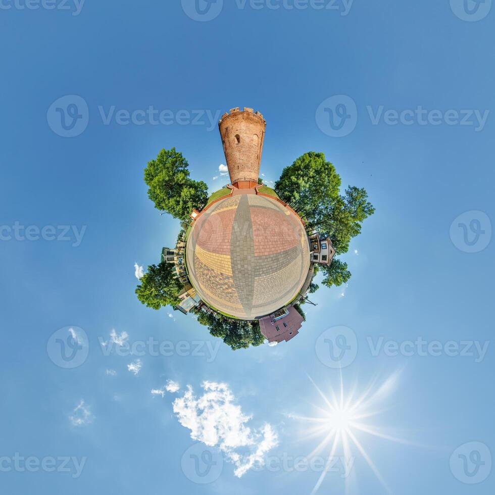 little planet and spherical aerial 360 panorama view on street ancient medieval castle with church and historic buildings with columns photo