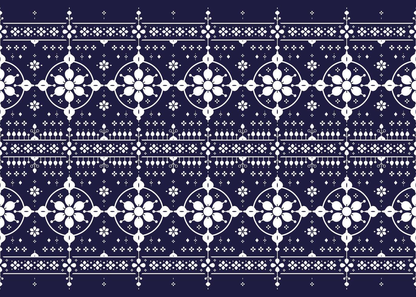 geometric and floral ethnic fabric seamless pattern, white and blue color, design for cloth, carpet, batik, wallpaper, wrapping etc. vector