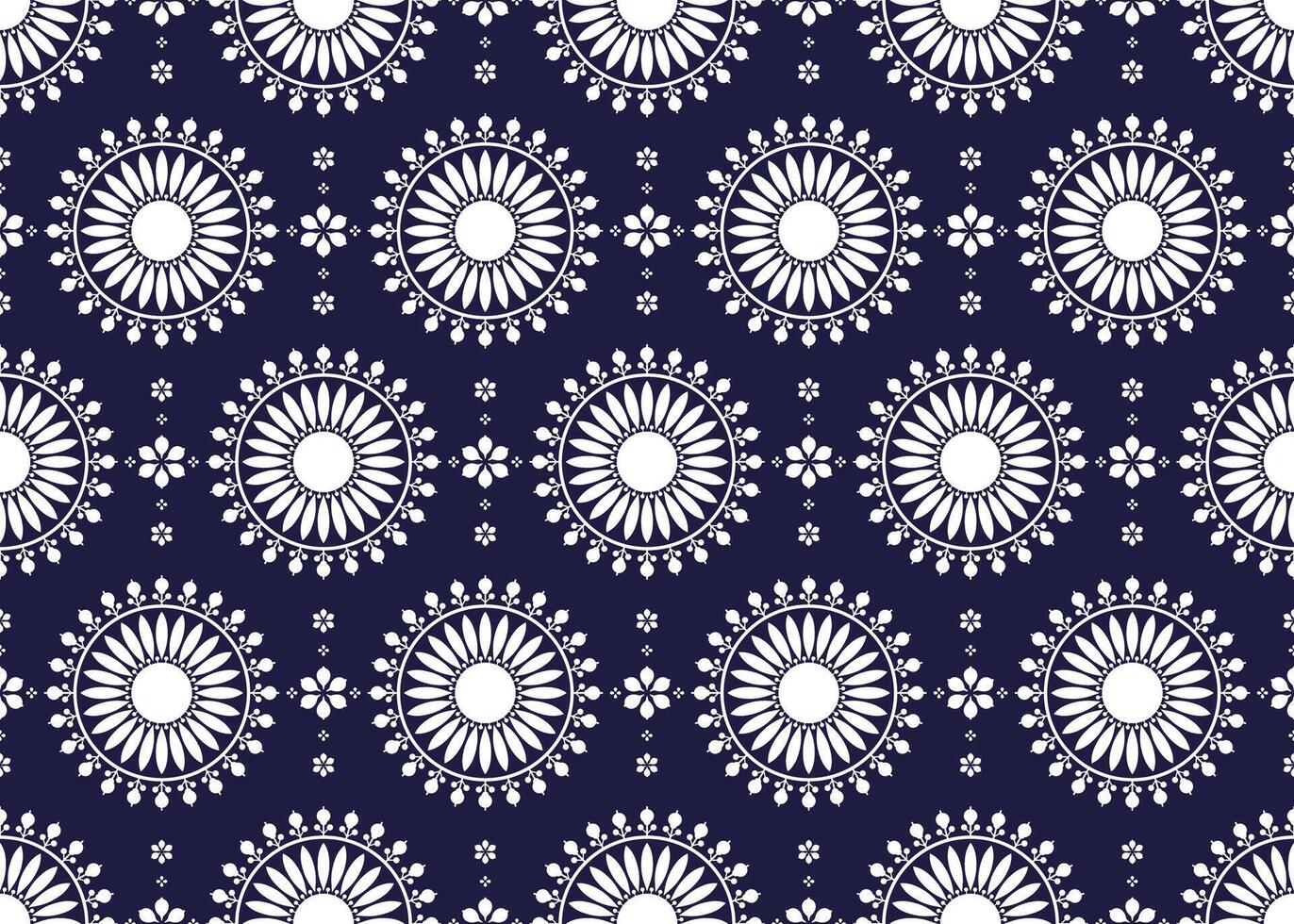 White mandalas on dark blue background ethnic fabric seamless pattern, design for cloth, carpet, batik, wallpaper, wrapping etc. vector