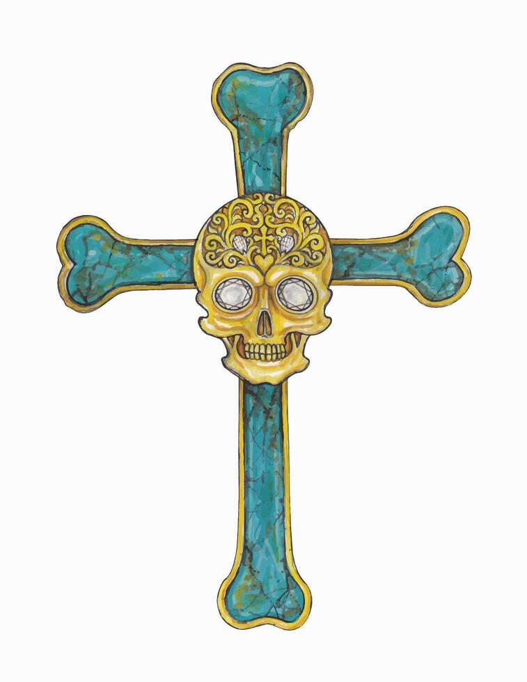 Jewelry design skull cross with ornate elements turquoise stone. This artwork features a striking combination of a turquoise cross and a golden skull at its center. vector