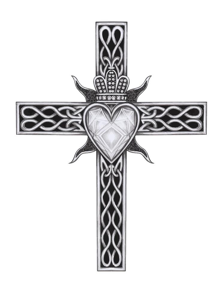 Celtic Heart Cross with Crown. hand drawing on paper and make graphic . vector