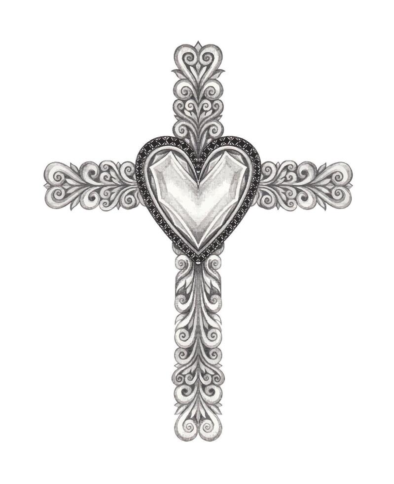 Art vintage heart cross. hand drawing on paper and make graphic . vector